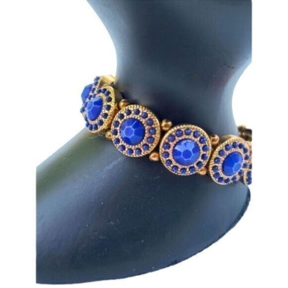 ORNATE Blue Stone Sunburst Design Gold Tone Stretch Bracelet - Picture 1 of 4